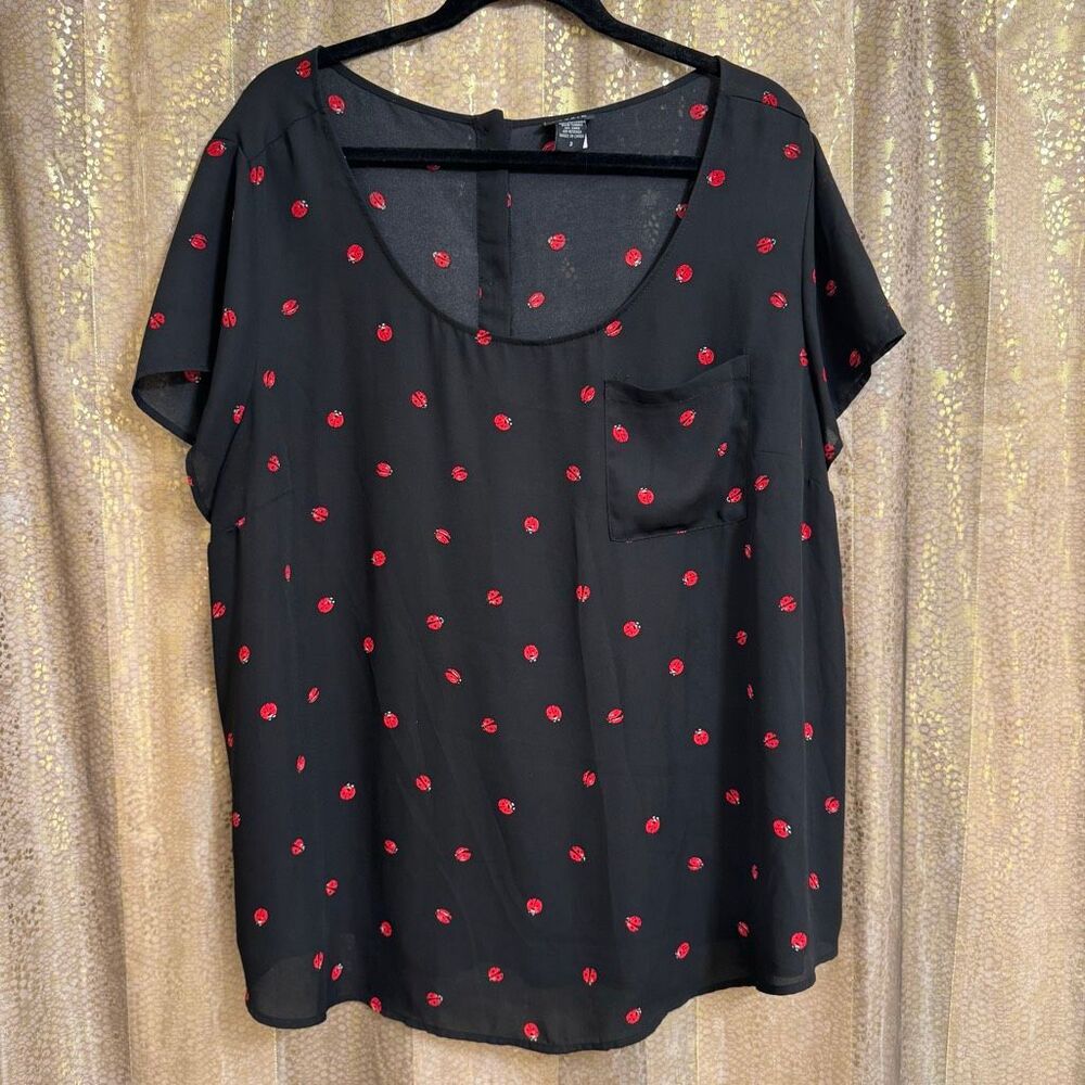 Torrid Black Red Ladybug Print Button Back Sheer Blouse Top Size 3X